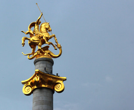 TBILISI, GEORGIA - JUNE 19, 2016: Monument of St. George on horseback by Zurab Tsereteli installed on Freedom square in Tbilisi. Opened on 23rd November 2006, commemorating the 3rd anniversary of Rose Revolution.のeditorial素材