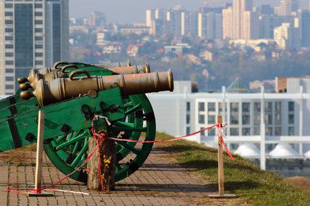 Old cannons in Kyiv fortress, a complex of Russian fortifications in Ukrainian capital built over the span of 17-19th centuries.のeditorial素材