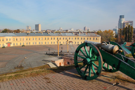 Old cannons in Kyiv fortress, a complex of Russian fortifications in Ukrainian capital built over the span of 17-19th centuries.のeditorial素材