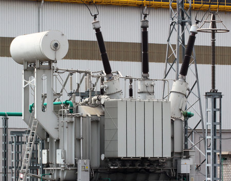 High voltage power transformer on electrical substation