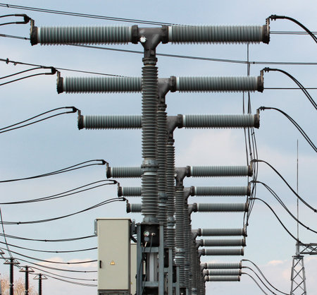 High voltage circuit breakers and gas insulated switches on electrical substation