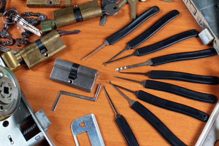 Locks and lockpicks at locksmith's workshop