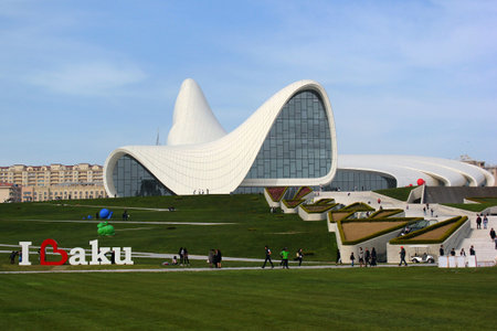 BAKU, AZERBAIJAN - APRIL 28, 2017: Heydar Aliyev Center with auditorium, gallery hall and museum. The building was designed by world-famous architect Zaha Hadid.のeditorial素材