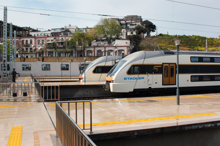 BAKU, AZERBAIJAN - APRIL 24, 2017: Stadler KISS trains at the platform of Baku Central Railway...