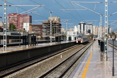 BAKU, AZERBAIJAN - APRIL 24, 2017: Platform of Baku Central Railway Station, main hub of Azerbaijan Railways, opened after renovation in 2017.のeditorial素材