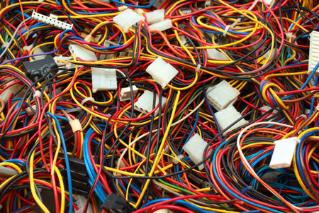 Colorful mess of cables wires and connectors