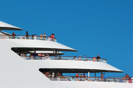 TALLINN, ESTONIA - JULY 7, 2017: Tourists onboard of MV Aurora, a cruise ship of the P&O Cruises fleet. She is the sixth largest of eight ships currently in service with the company.のeditorial素材