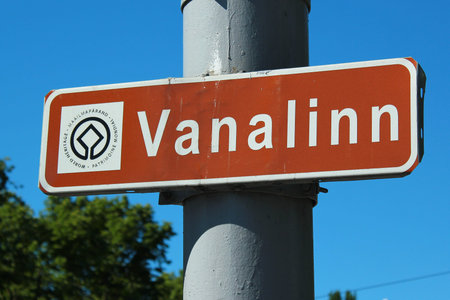 TALLINN, ESTONIA - JULY 7, 2017: Sign of Vanalinn, or Tallinn's Old Town, one of the best preserved...