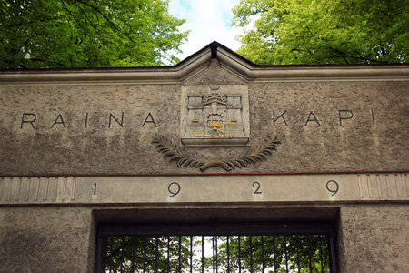RIGA, LATVIA - JULY 10, 2017: Entrance to old Rainis Cemetery, named after the famous Latvian poet, playwright, translator, and politician Janis Plieksans.のeditorial素材