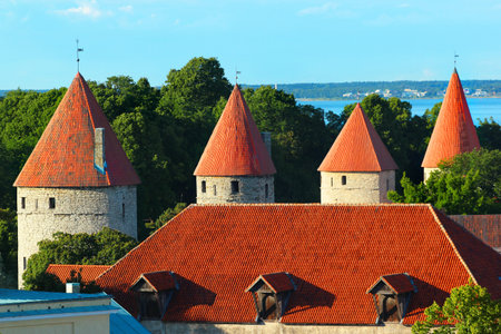Towers in the fortress wall of Old Town of Tallinn, Estonia, UNESCO World Heritage site and popular...