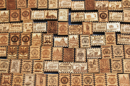 Kyiv, Ukraine - September 22, 2017: Ukrainian handcrafted souvenir matchboxes offered by street vendors at Andriyivsky Uzviz flea market, a major tourist attraction of the city.のeditorial素材