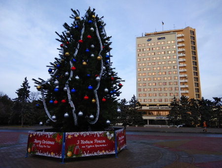 Chornomorsk, Ukraine - December 16, 2017: Administrative building of Marine Trade Port of Chornomorsk, located on the north-western shore of Black Sea, to the south-west from Odessa.のeditorial素材