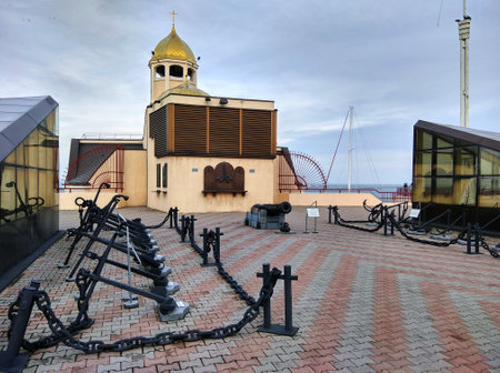 Odessa, Ukraine - December 16, 2017: Museum of anchors in Odessa, located in the open air on Seaport dock near the St. Nicholas Church. Two-horned, admiralty, stockless and other types of anchors are exhibited here.のeditorial素材