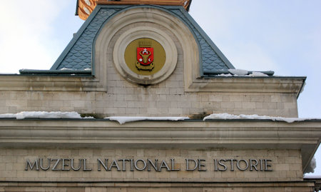 Chisinau, Moldova - December 18, 2017: Fragment of facade of the National Museum of History of Moldova.のeditorial素材