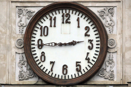 Chisinau, Moldova - December 18, 2017: Clocks on the Triumphal Arch on Stefan cel Mare avenue in...