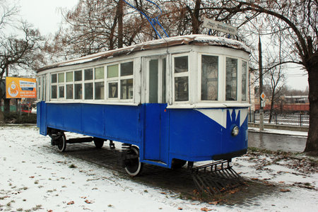 Chernivtsi, Ukraine - December 20, 2017: Monument to the first tram in Chernivtsi, installed on the 100th anniversary of public transportation system. First tramway in the city was launched in 1897.のeditorial素材