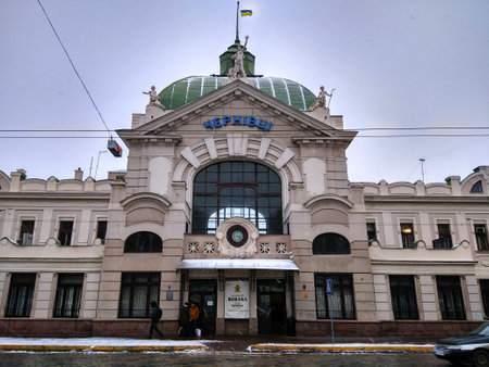 Chernivtsi, Ukraine - December 20, 2017: Chernivtsi main railway station, first opened in 1909. From here trains depart to Lviv, Kyiv and other Ukrainian cities.のeditorial素材