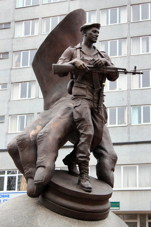 Khmelnytsky, Ukraine - December 16, 2011: Monument to victims of the war in Afghanistan and other local wars, installed in 2007 by Mykola Mazur. Inscription readsのeditorial素材