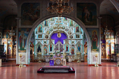 Khmelnytsky, Ukraine - December 16, 2011: Interior of Orthodox Cathedral of the Intercession of the Theotokos in Khmelnytsky.のeditorial素材