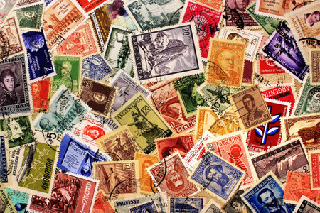 KHARKIV,UKRAINE - MARCH 5,2018: Old post stamps of Argentina. Postage stamp collection background.のeditorial素材