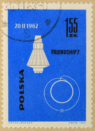KHARKIV, UKRAINE - MARCH 5, 2018: Old post stamp of Poland, dedicated to space exploration and first satellites.のeditorial素材
