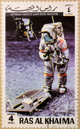 KHARKIV, UKRAINE - MARCH 5,2018: Old post stamp of Ras Al Haima, dedicated to space exploration and first astronauts.のeditorial素材