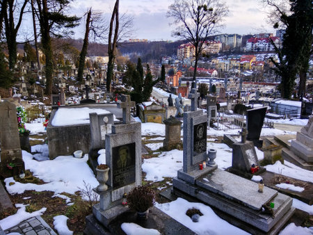 Lviv, Ukraine - March 10, 2018: Lychakiv Necropolis, a famous and historic cemetery where numerous outstanding Ukrainians and Poles are buried.のeditorial素材