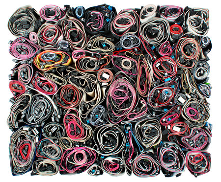 Old computer cables, wires and connectors, isolated on white background