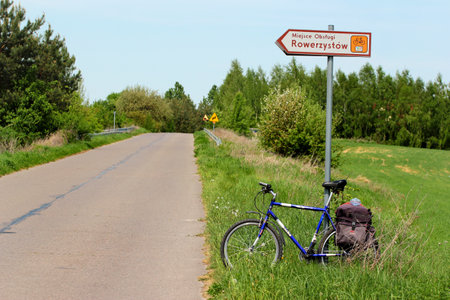 Kulikow, Poland - May 2, 2018: Sign plate of a Cyclist Service Point on Green Velo bicycle route in Eastern Poland.のeditorial素材