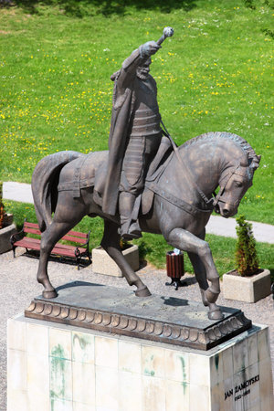 Zamosc, Poland - May 1, 2018: Monument to Jan Zamoyski, a Polish nobleman, magnate, and the first ordynat of Zamosc.のeditorial素材