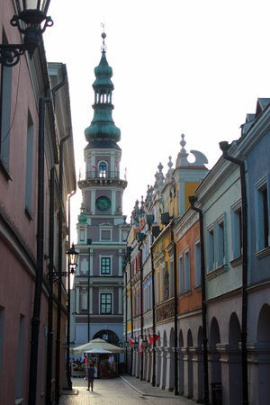Zamosc, Poland - May 1, 2018: People walking in Old Town of Zamosc, Eastern Poland, the UNESCO World Heritage Site and a popular tourist destination.のeditorial素材