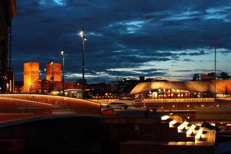 Oslo, Norway - June 26, 2018: Oslo harbour at night, with Aker Brygge and Bjorvika, the main shopping districts of the City of Oslo.のeditorial素材