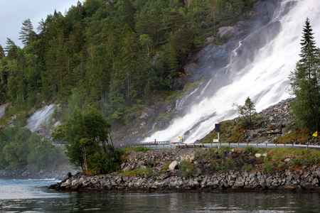 Furebergsfossen waterfall in Kvinnherad, Hordaland county, Norwayの写真素材