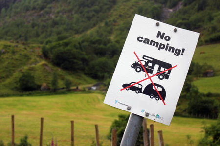Sunndal, Norway - June 18, 2018: No camping sign in Sundal village, a popular tourist destination and a starting point of hiking to Folgefonna national park glaciers.のeditorial素材