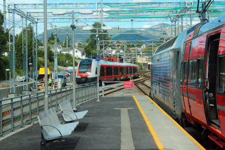 Voss, Norway - June 25, 2018: NSB trains at Voss railway station, the main rail transportation hub...