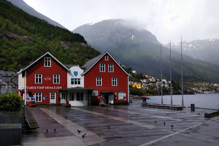 Odda, Norway - June 19, 2018: Tourist information house in the Odda town in Hordaland county, a popular travel destination at the end of the Sorfjorden and the base village for hikes to Trolltunga.のeditorial素材