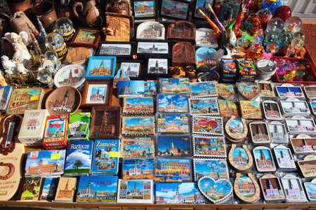 Zamosc, Poland - May 1, 2018: Souvenirs on display at street vendor stall in Zamosc Old Town, the Unesco World Heritage Site and a popular tourist destination.のeditorial素材