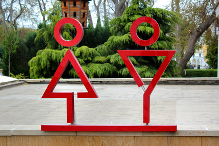 Baku, Azerbaijan - April 25, 2017: Sign of a public toilet near the Old Town of Baku.のeditorial素材