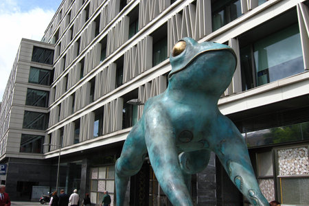 Madrid, Spain - May 2, 2015: Frog statue Rana de la Fortuna or good luck frog in front of the Casino Gran Madrid Colon at Paseo de Recoletos at the Plaza de Colon or Columbus square in downtown Madridのeditorial素材