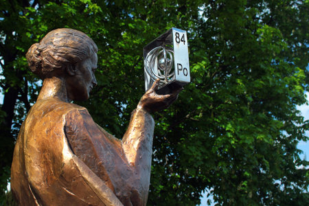Warsaw, Poland - May 1, 2019: Monument to Marie Sklodowska Curie, a Polish-French physicist and chemist who conducted pioneering research on radioactivity and discovered two elements, polonium and radium.のeditorial素材