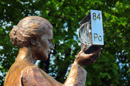 Warsaw, Poland - May 1, 2019: Monument to Marie Sklodowska Curie, a Polish-French physicist and chemist who conducted pioneering research on radioactivity and discovered two elements, polonium and radium.のeditorial素材