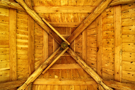 Wooden ceiling, interior of a log cabinの写真素材