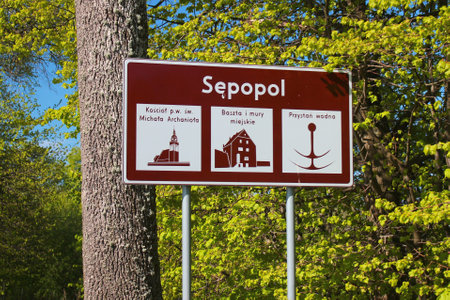 Sepopol, Poland - May 6, 2019: Road sign of Sepopol town in Bartoszyce County, Warmian-Masurian Voivodeship, Poland. Before 1945 it was part of Germany (East Prussia).のeditorial素材