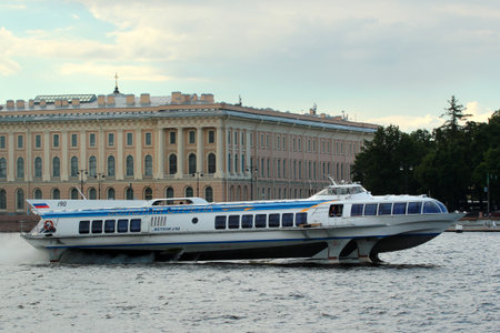 Saint Petersburg, Russia - July 4, 2017: Tourist ship "Meteor-190" on Neva river in central St. Petersburgのeditorial素材