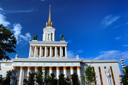 Moscow, Russia - June 23, 2019: Central Pavilion of VDNKh at the Exhibition of Achievements of National Economy.のeditorial素材
