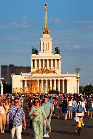 Moscow, Russia - June 23, 2019: Central Pavilion of VDNKh at the Exhibition of Achievements of National Economy.のeditorial素材