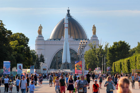 Moscow, Russia - June 23, 2019: Space Pavilion with Vostok rocket at VDNKh, the Exhibition of Achievements of National Economy.のeditorial素材