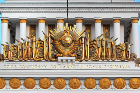 Moscow, Russia - June 23, 2019: Decorations of Central Pavilion of VDNKh, the Exhibition of Achievements of National Economy.のeditorial素材