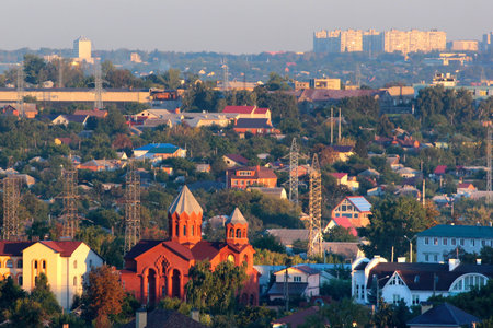 Kharkiv, Ukraine - September 18, 2015: View of Armenian church, Zhuravlivka and Saltivka residential districts of Kharkiv, the second-largest city in Ukraine.のeditorial素材