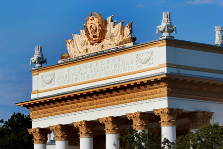 Moscow, Russia - June 23, 2019: Pavilion of Russian Federation at VDNKh, the Exhibition of Achievements of National Economy.のeditorial素材